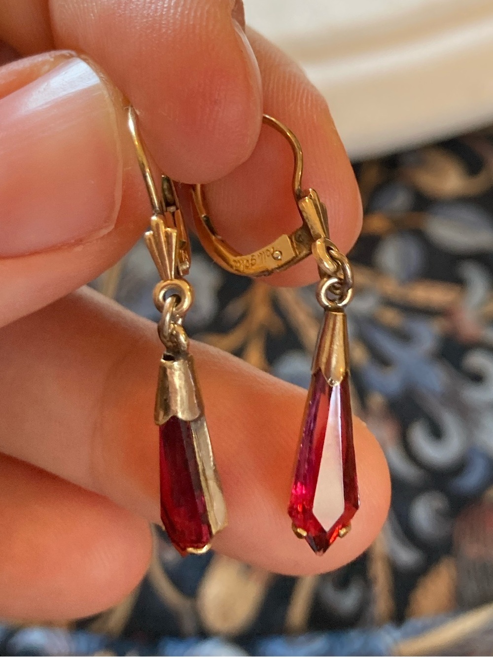 Art Deco Rolled Gold Faceted Glass Hinged Leverback Earrings Signed - Picture 5 of 11